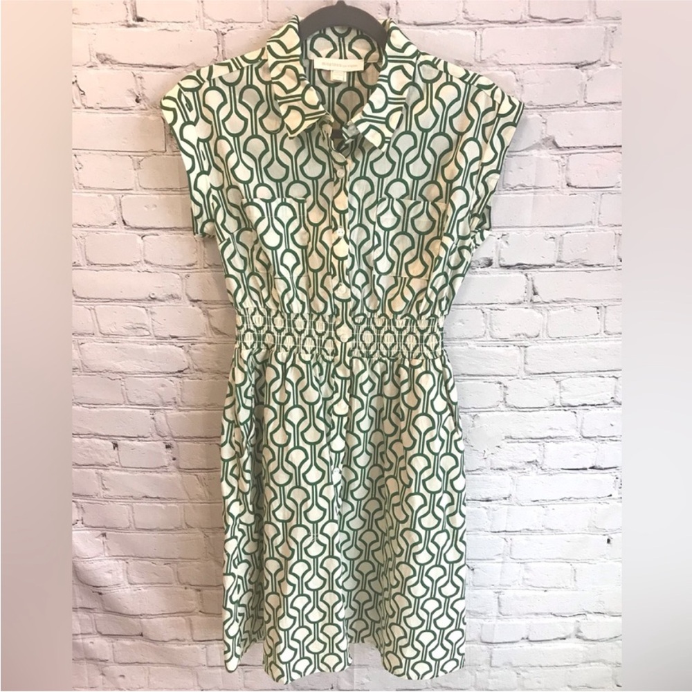 Monteau Los Angeles Dress geometric print cotton smocked waist button front  XS